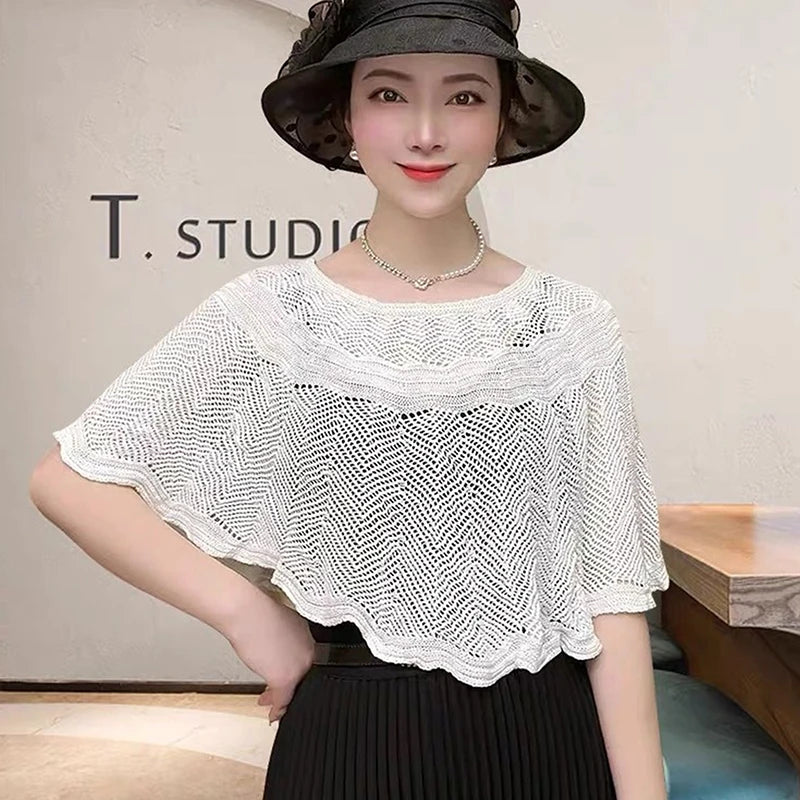 Women's Knitted Hollow Cotton Shawl Scarf Blouse Summer Autumn Elegant Ladies Sun Protection Cloak Smock