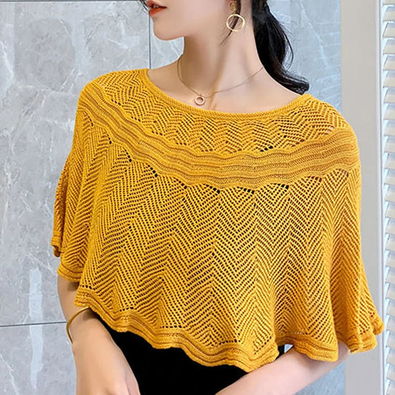 Women's Knitted Hollow Cotton Shawl Scarf Blouse Summer Autumn Elegant Ladies Sun Protection Cloak Smock