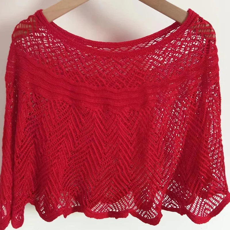 Women's Knitted Hollow Cotton Shawl Scarf Blouse Summer Autumn Elegant Ladies Sun Protection Cloak Smock