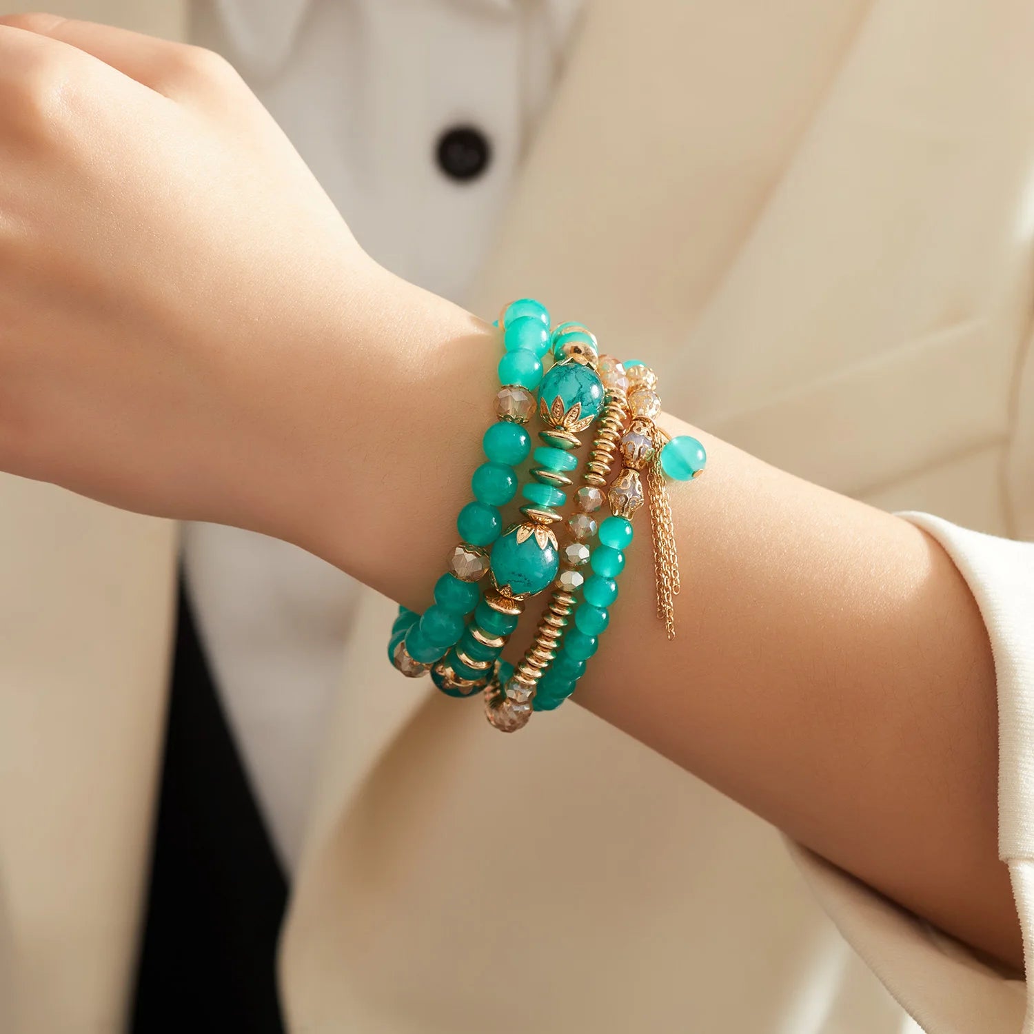 Bohemian 4pcs Crystal Multi-layer Beaded Bracelet for Women Sweet Girls Colorful Round Shape Jewelry Friendship Wholesale Gifts