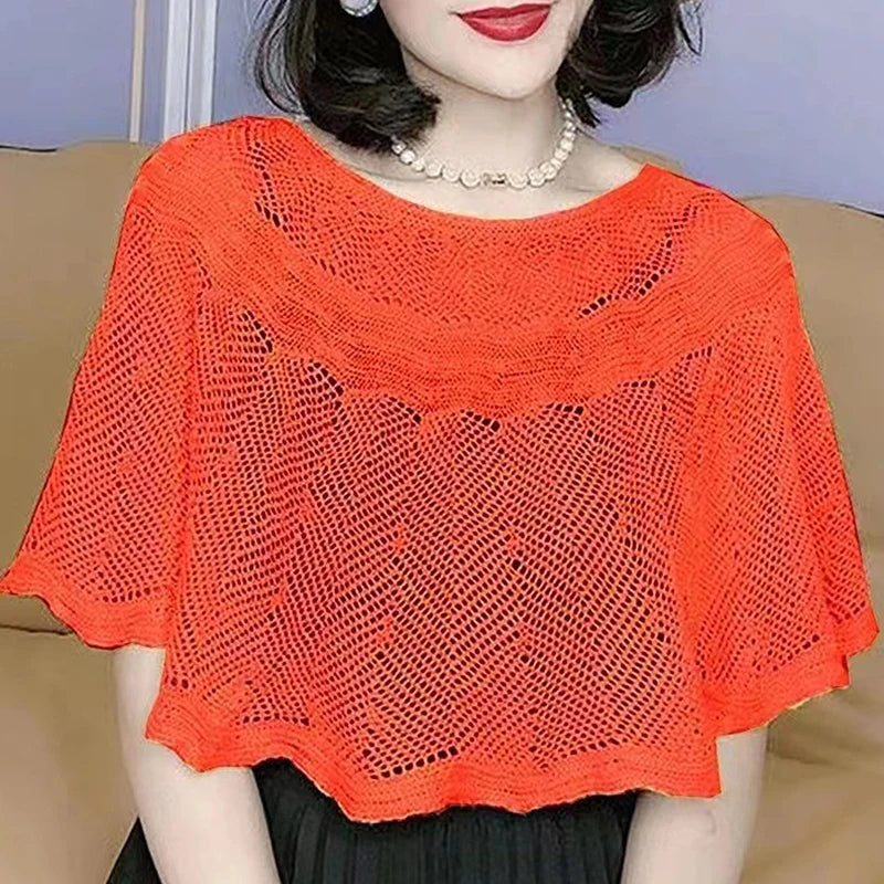 Women's Knitted Hollow Cotton Shawl Scarf Blouse Summer Autumn Elegant Ladies Sun Protection Cloak Smock