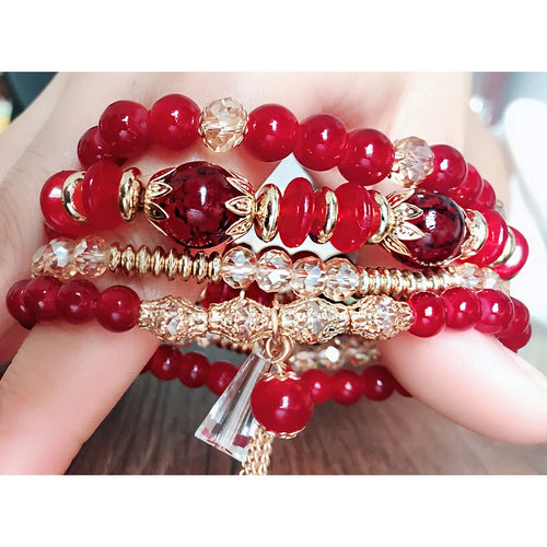 Bohemian 4pcs Crystal Multi-layer Beaded Bracelet for Women Sweet Girls Colorful Round Shape Jewelry Friendship Wholesale Gifts