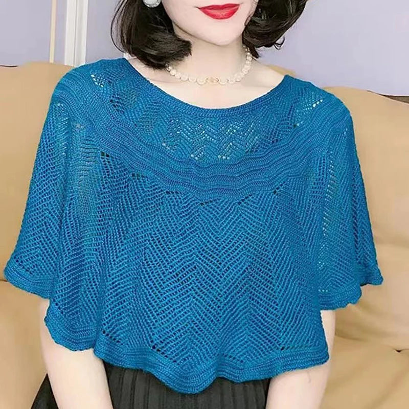 Women's Knitted Hollow Cotton Shawl Scarf Blouse Summer Autumn Elegant Ladies Sun Protection Cloak Smock