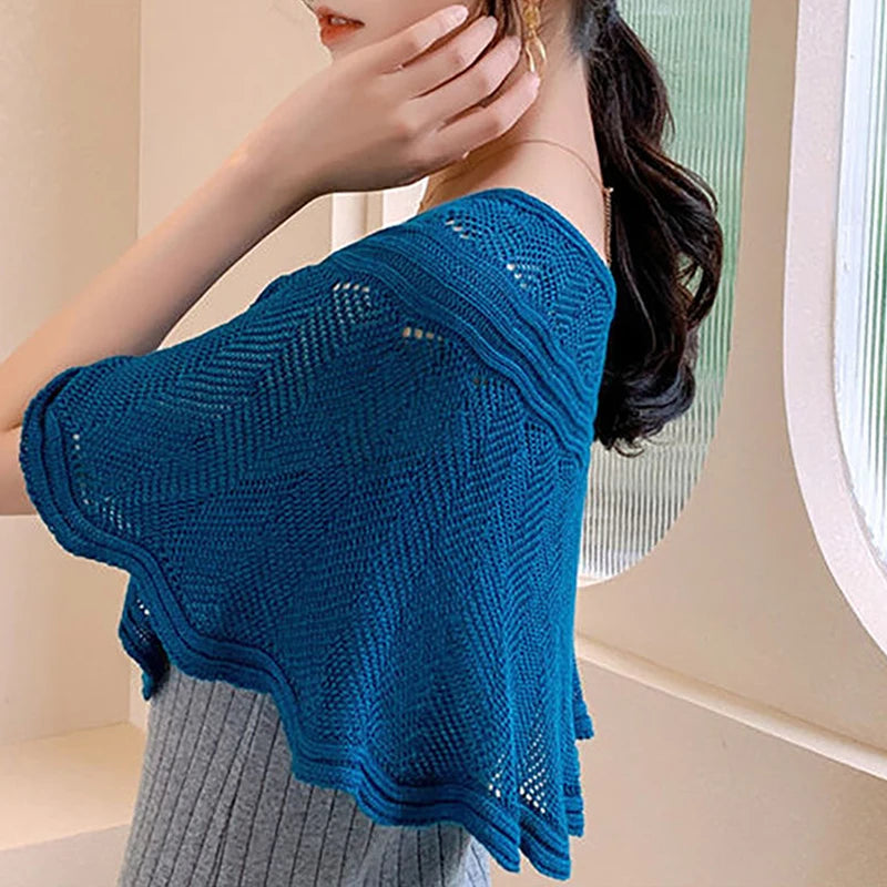 Women's Knitted Hollow Cotton Shawl Scarf Blouse Summer Autumn Elegant Ladies Sun Protection Cloak Smock