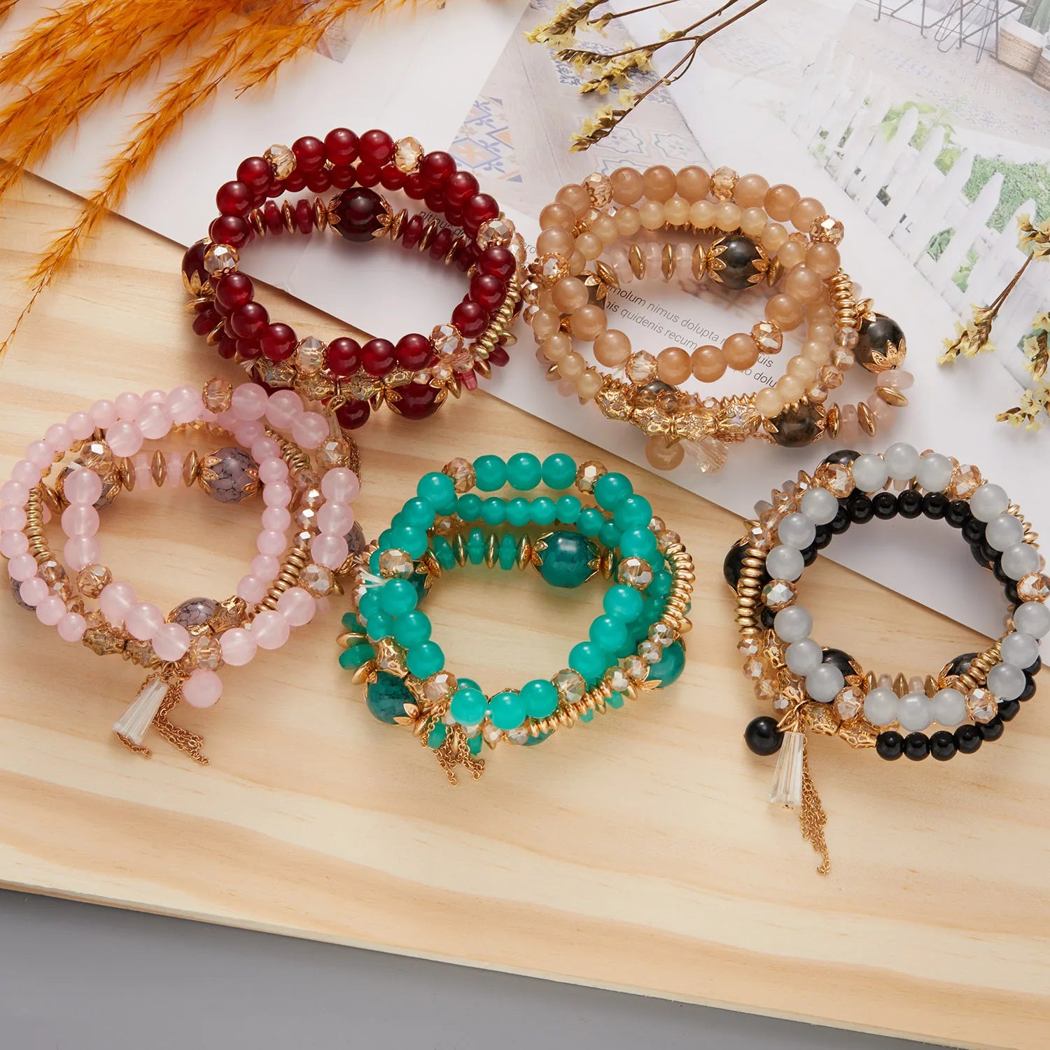 Bohemian 4pcs Crystal Multi-layer Beaded Bracelet for Women Sweet Girls Colorful Round Shape Jewelry Friendship Wholesale Gifts