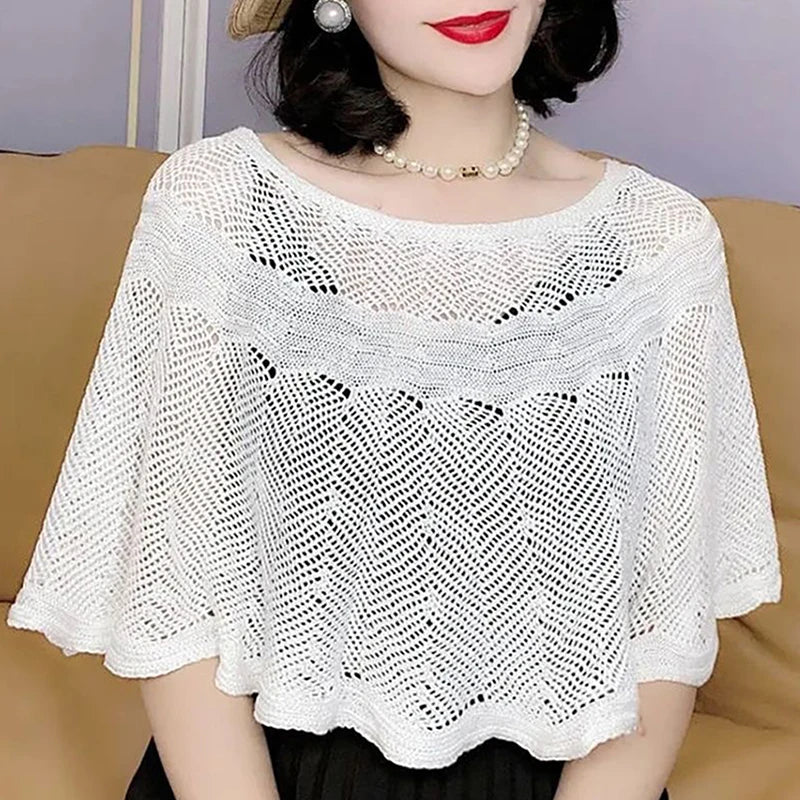Women's Knitted Hollow Cotton Shawl Scarf Blouse Summer Autumn Elegant Ladies Sun Protection Cloak Smock